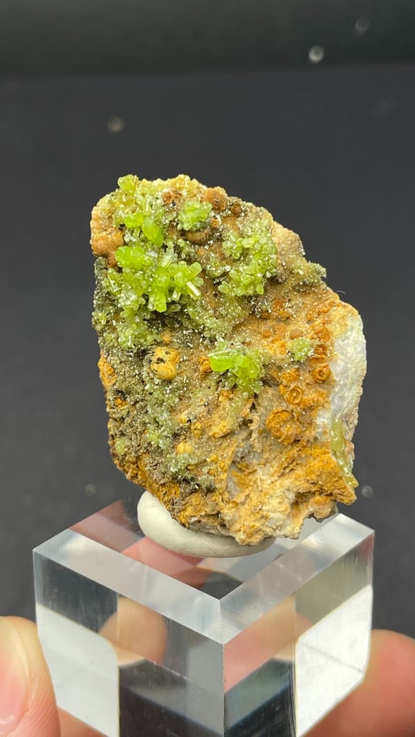 Yellow-green pyromorphite on ochre limonite matrix from Guangdong, China, reverse side