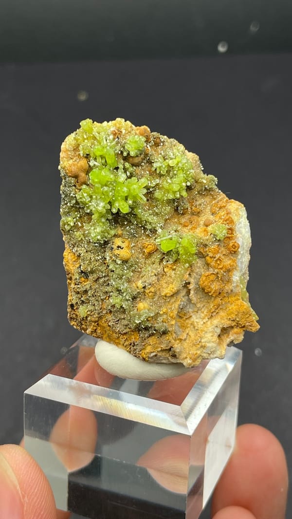 Yellow-green pyromorphite on ochre limonite matrix from Guangdong, China, top view