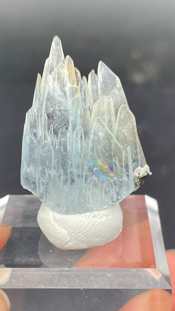 Pale blue transparent baryte blades from Morocco, on an acrylic stand