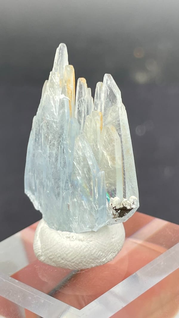 Pale blue transparent baryte blades from Morocco, on an acrylic stand, top view