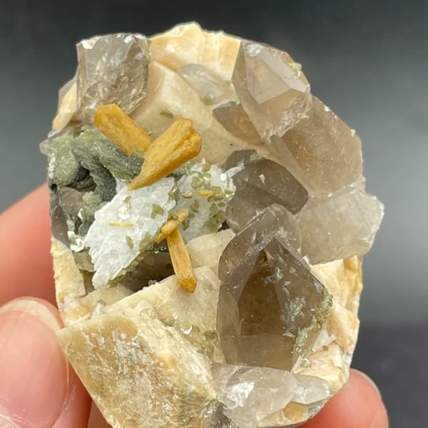 Smoky quartz with golden stilbite, mica and feldspar from Fujian — alternate view