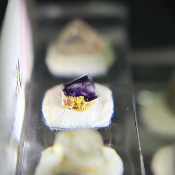 Purple fluorite crystal on its mount in the clear display case of the nine-crystal fluorite set, photo 3 of 3