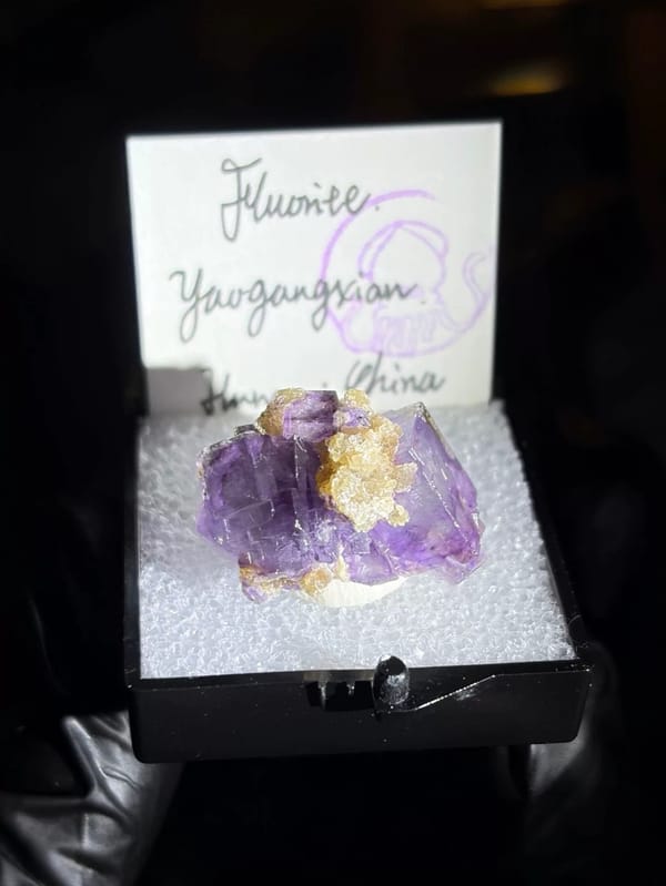 Deep Purple Fluorite with Golden Muscovite — Yaogangxian, Hunan, China, natural mineral specimen, photo 1 of 8