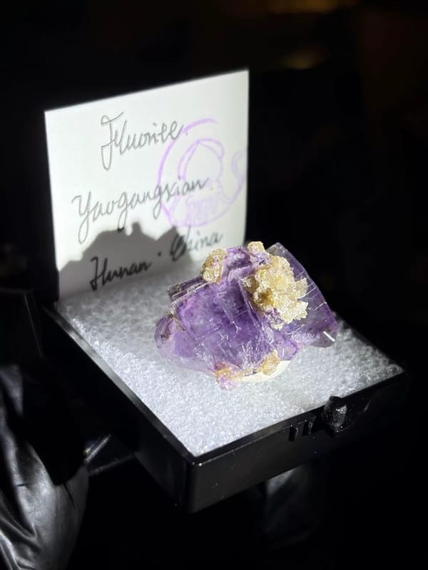 Deep Purple Fluorite with Golden Muscovite — Yaogangxian, Hunan, China, natural mineral specimen, photo 2 of 8