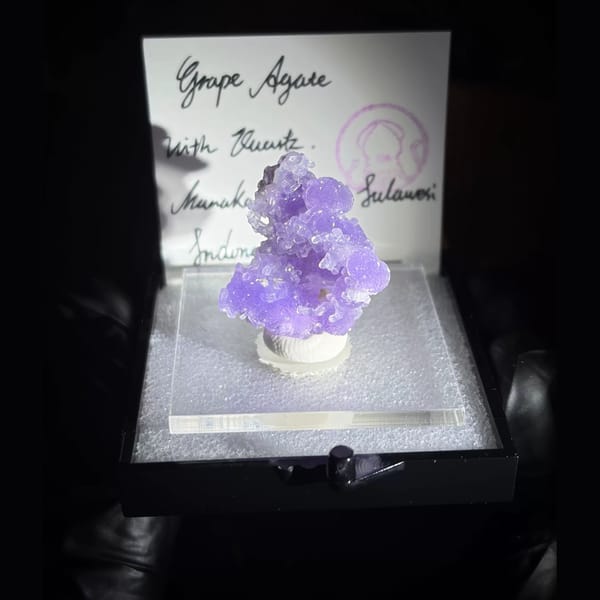 Purple botryoidal grape agate with small quartz crystals from Sulawesi — detail view