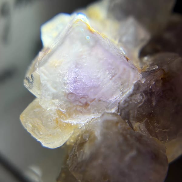 Clear Shangbao fluorite cubes with a pink-purple core from Hunan — detail view