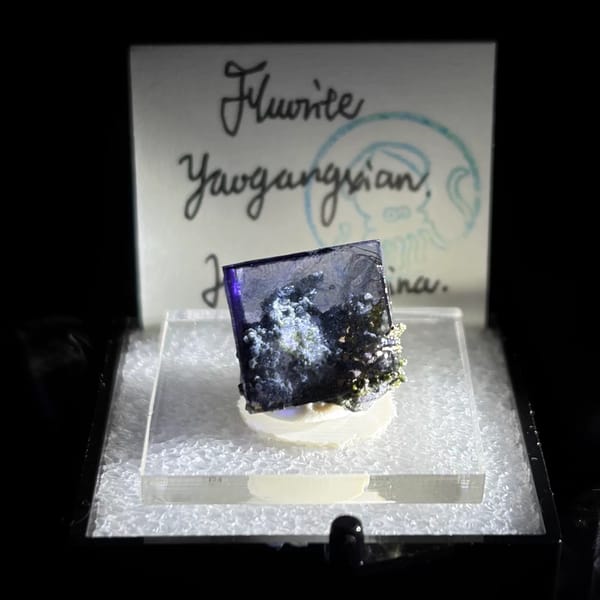 Deep blue-purple Yaogangxian fluorite cube in display box — alternate view