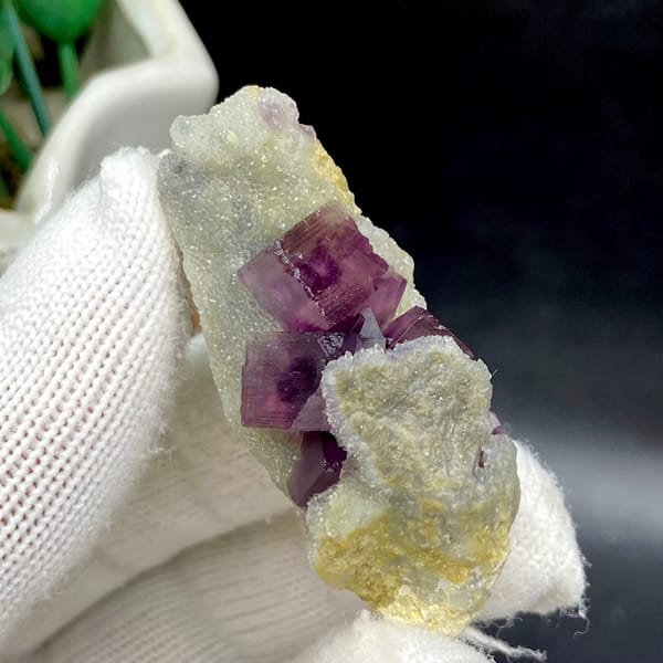 Magenta fluorite cube with fret patterning on white matrix from Anhui, China, view 7 of 9