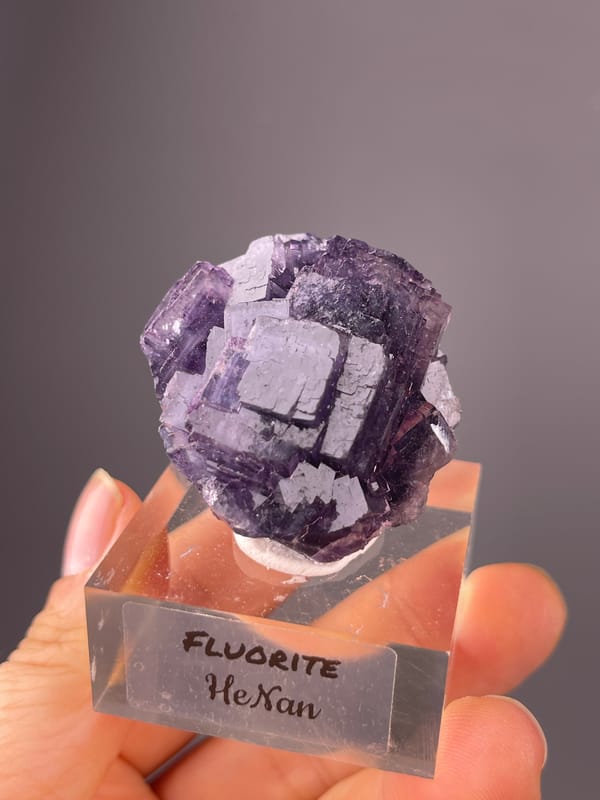 Purple Fluorite specimen from Henan, China bearing terraced purple cubic cluster