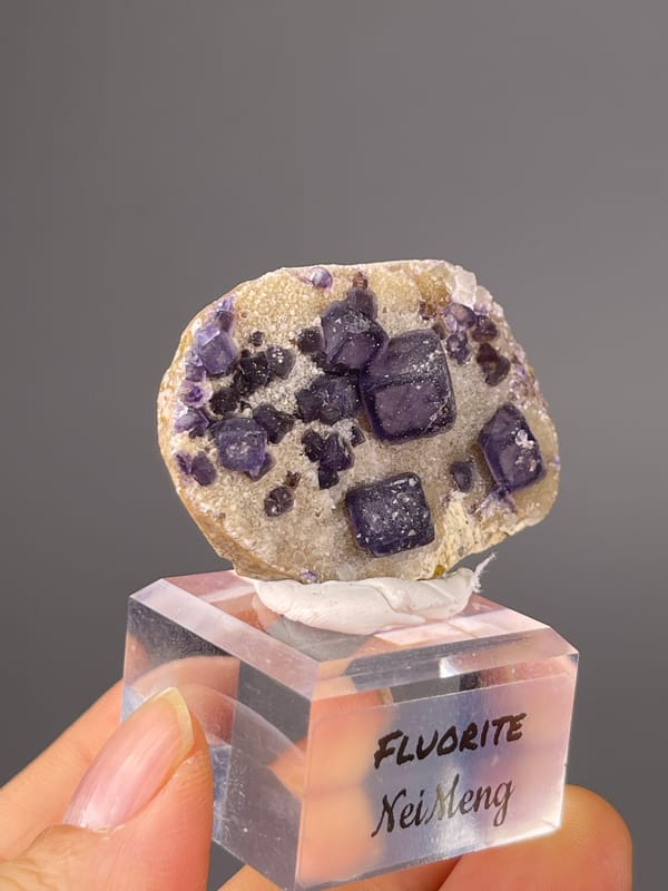 Purple Fluorite specimen from Inner Mongolia, China presenting purple cubes on pale matrix