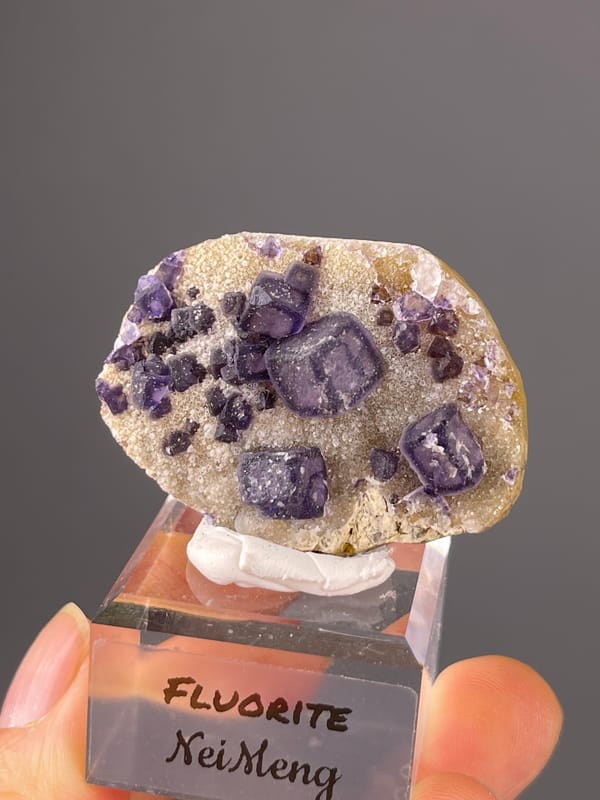 Purple Fluorite specimen from Inner Mongolia, China displaying purple cubes on pale matrix