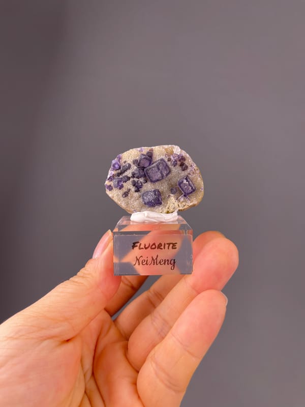 Purple Fluorite specimen from Inner Mongolia, China bearing purple cubes on pale matrix