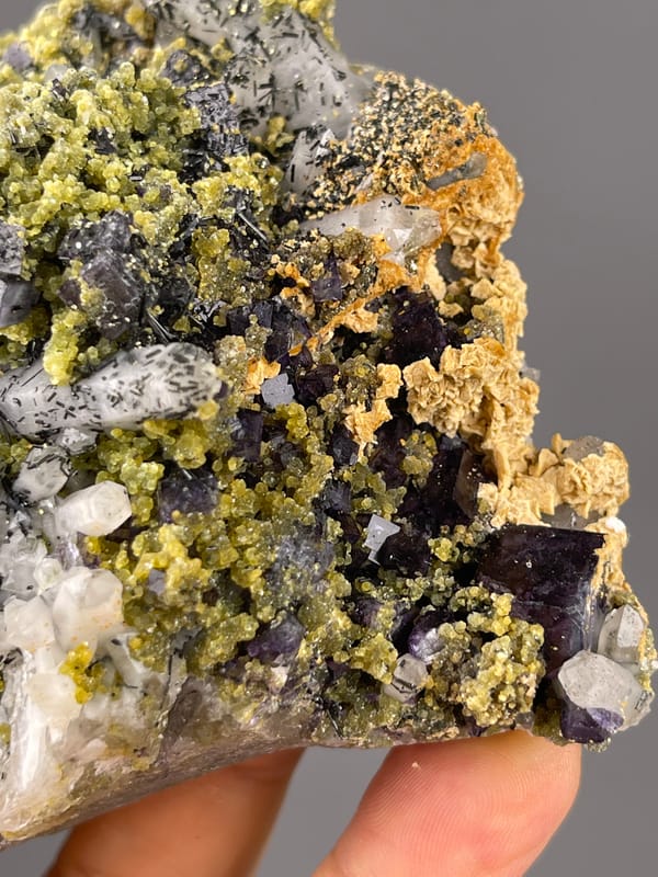 Purple Fluorite specimen from Yaogangxian Mine, Hunan, China presenting included clear quartz and purple cubes