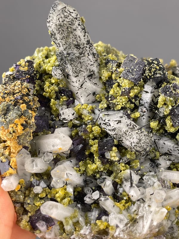 Included clear quartz and purple cubes on natural purple fluorite specimen from Yaogangxian Mine, Hunan, China