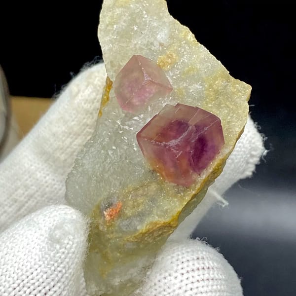 Two magenta fluorite cubes on pale quartz plate from Anhui, China, view 4 of 9