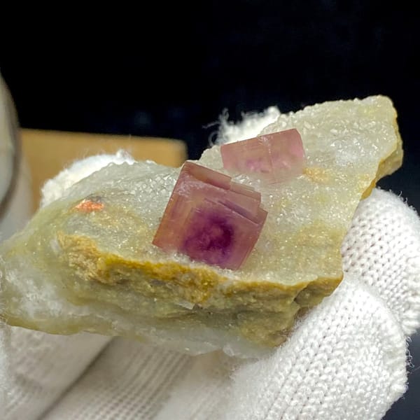 Two magenta fluorite cubes on pale quartz plate from Anhui, China, view 5 of 9