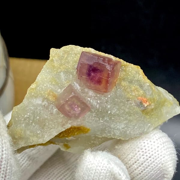 Two magenta fluorite cubes on pale quartz plate from Anhui, China, view 7 of 9