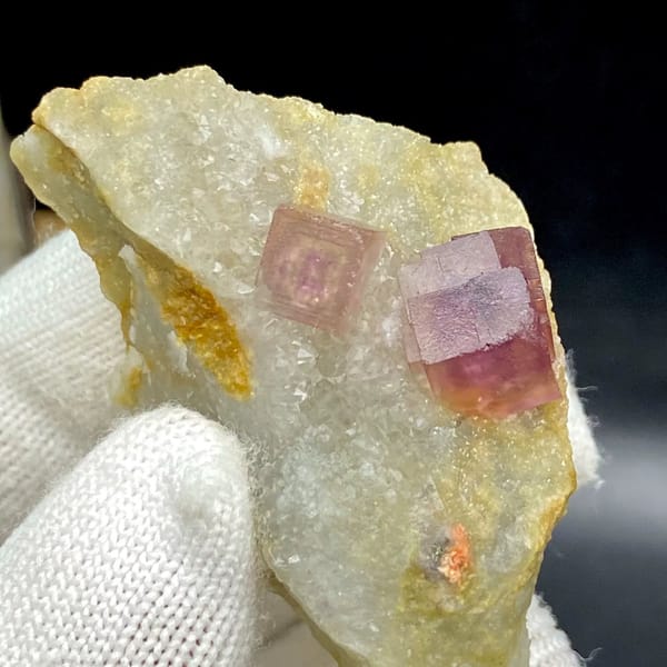 Two magenta fluorite cubes on pale quartz plate from Anhui, China, view 9 of 9