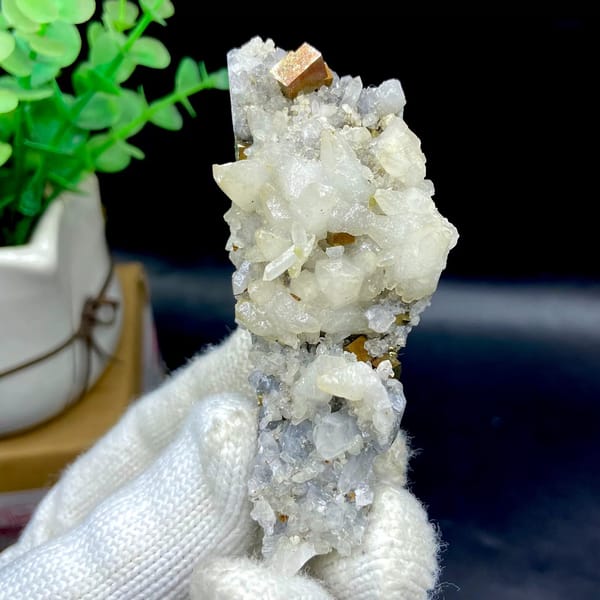 Tall spire of white calcite and quartz with brassy pyrite from Shangbao, Hunan, China, view 2 of 9