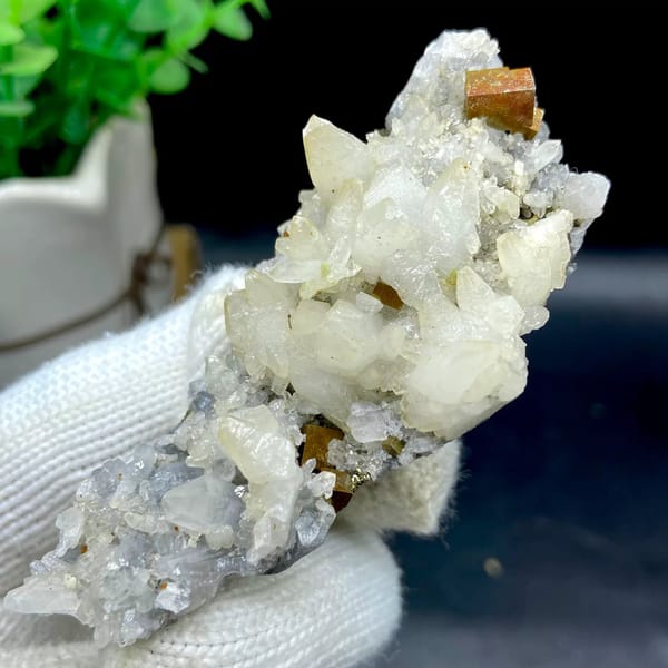 Tall spire of white calcite and quartz with brassy pyrite from Shangbao, Hunan, China, view 3 of 9