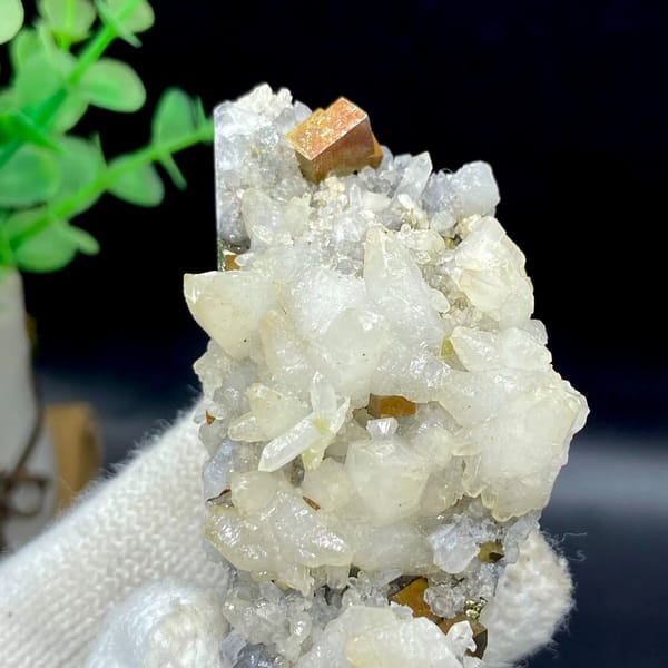 Tall spire of white calcite and quartz with brassy pyrite from Shangbao, Hunan, China, view 4 of 9