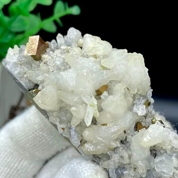 Tall spire of white calcite and quartz with brassy pyrite from Shangbao, Hunan, China, view 5 of 9