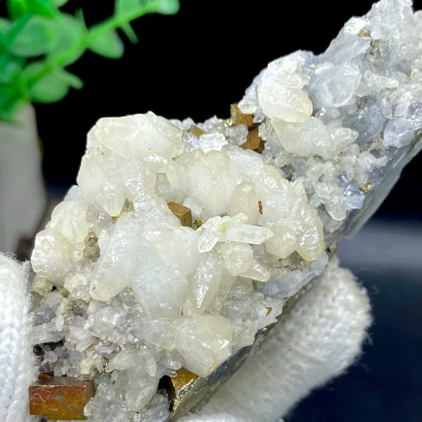 Tall spire of white calcite and quartz with brassy pyrite from Shangbao, Hunan, China, view 6 of 9