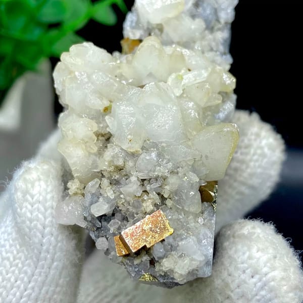 Tall spire of white calcite and quartz with brassy pyrite from Shangbao, Hunan, China, view 7 of 9