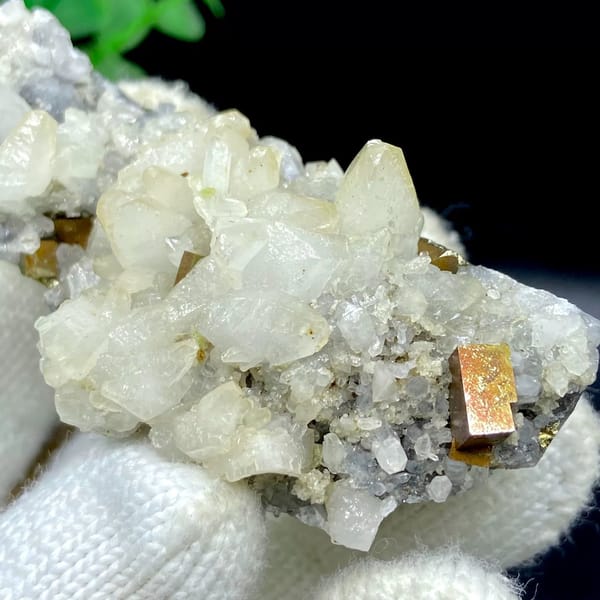 Tall spire of white calcite and quartz with brassy pyrite from Shangbao, Hunan, China, view 8 of 9