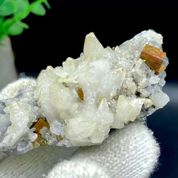 Tall spire of white calcite and quartz with brassy pyrite from Shangbao, Hunan, China, view 9 of 9