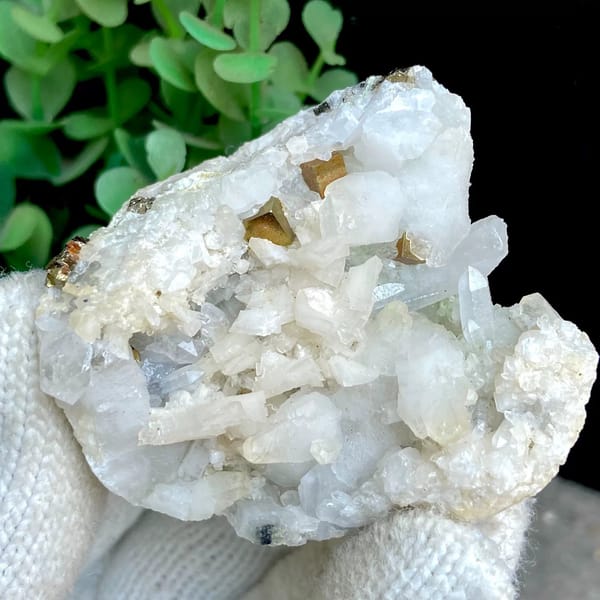 White quartz and dolomite with brassy pyrite from Shangbao, Hunan, China, view 2 of 9
