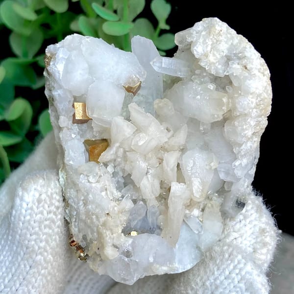White quartz and dolomite with brassy pyrite from Shangbao, Hunan, China, view 3 of 9
