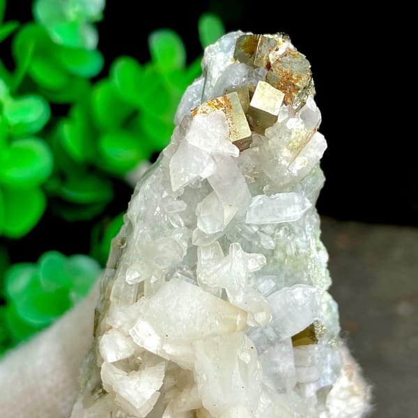 Pyrite cubes on white quartz and dolomite from Shangbao Mine, Hunan, China, view 3 of 9
