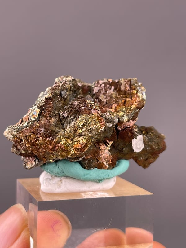 Coppery-brown tarnished metallic crystals on natural pyrite specimen from Longyan, Fujian, China