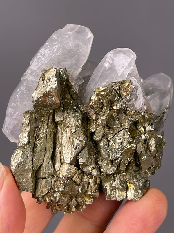 Pyrite specimen presenting brassy crystals beside clear quartz clearly