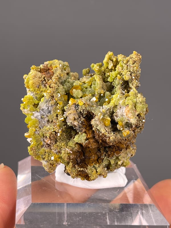 Pyromorphite specimen from Guangxi, China featuring olive hexagonal crystal cluster