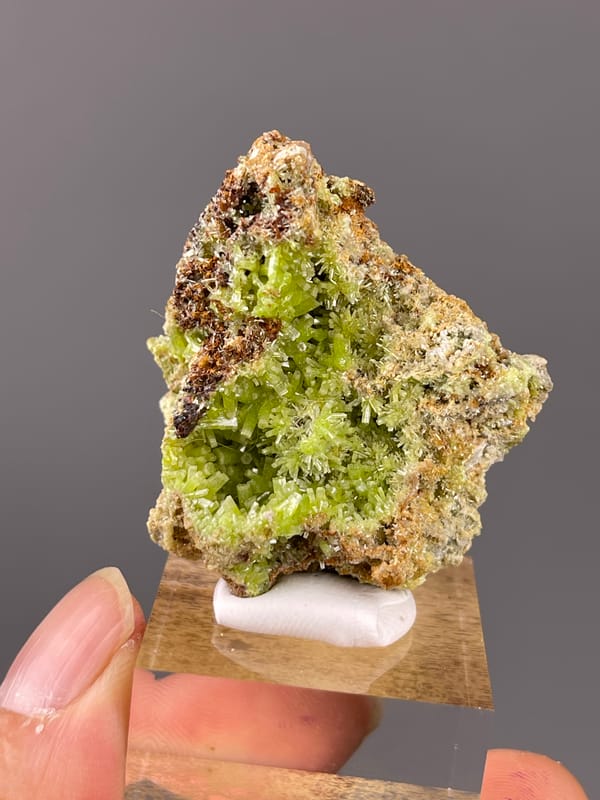 Pyromorphite specimen from Guangxi, China featuring lime-green hexagonal cavity crystals