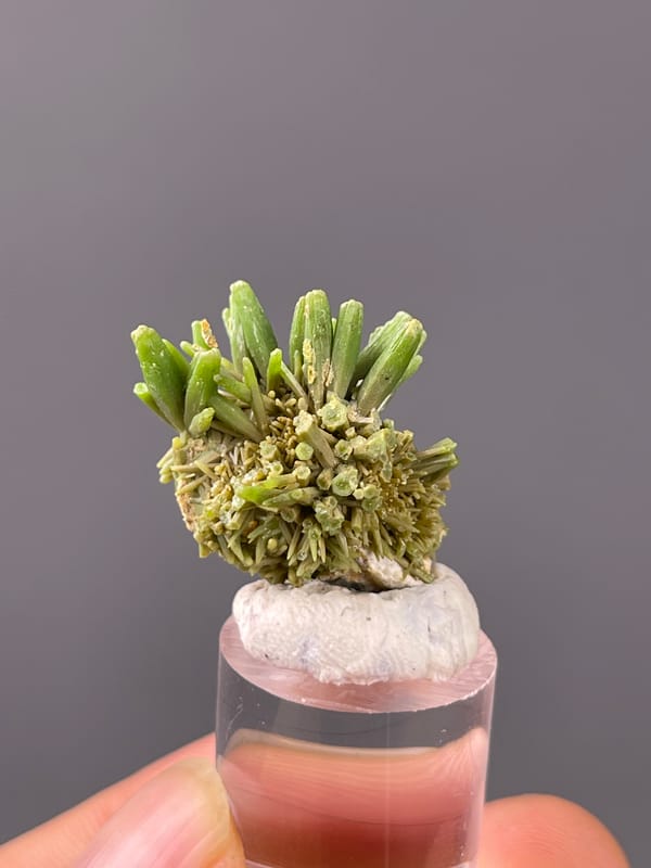 Pyromorphite specimen featuring green diverging hexagonal prisms clearly