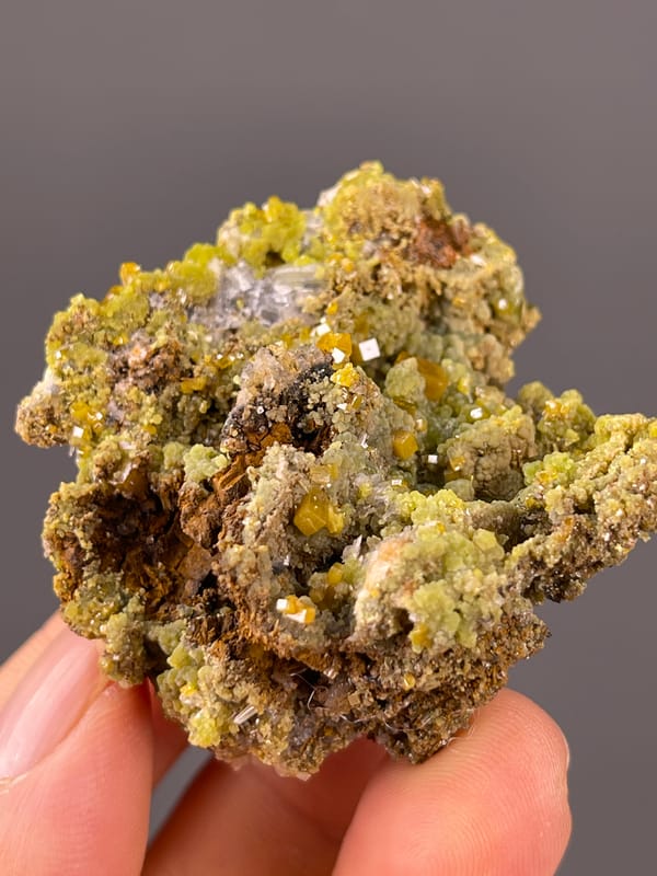 Pyromorphite specimen from Guangxi, China displaying olive hexagonal crystal cluster