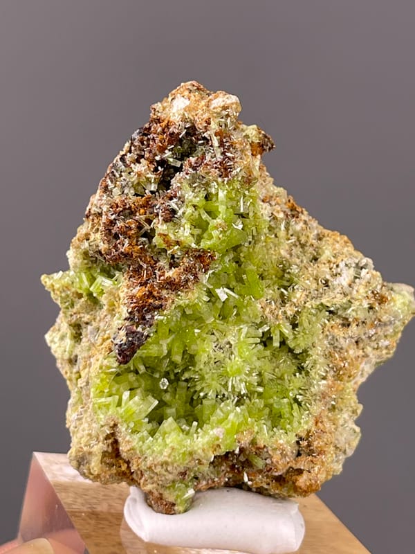 Pyromorphite specimen from Guangxi, China displaying lime-green hexagonal cavity crystals
