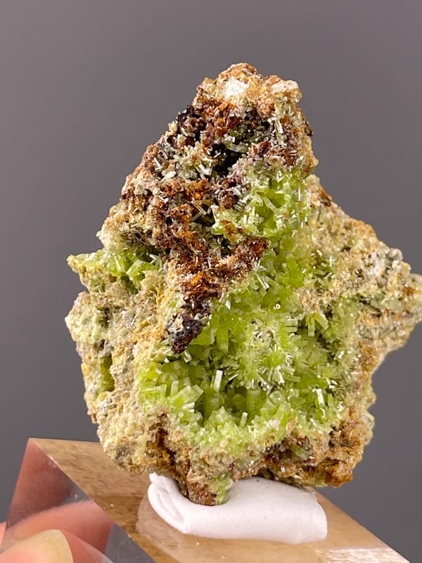 Lime-green hexagonal cavity crystals on natural pyromorphite specimen from Guangxi, China