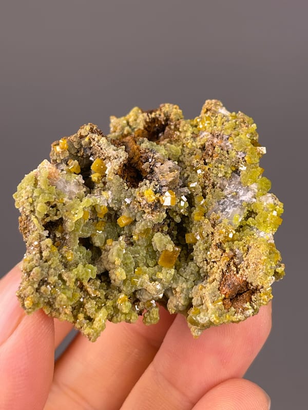 Pyromorphite specimen from Guangxi, China, characterized by olive hexagonal crystal cluster