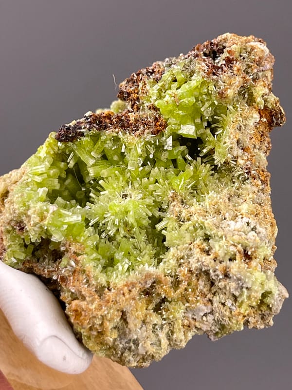 Pyromorphite specimen from Guangxi, China, characterized by lime-green hexagonal cavity crystals
