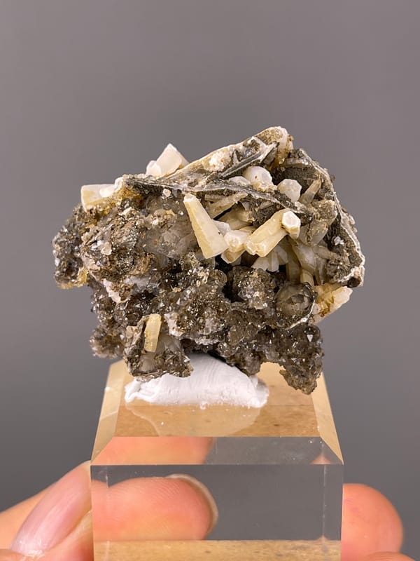 Quartz specimen featuring cream crystals over dark sulfides clearly