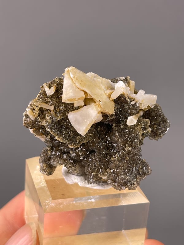 Cream crystals over dark sulfides seen across this quartz specimen