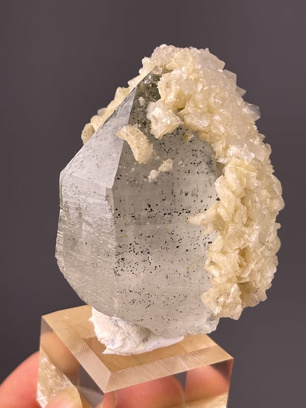 Quartz specimen from Yaogangxian Mine, Hunan, China displaying smoky prism with white overgrowth