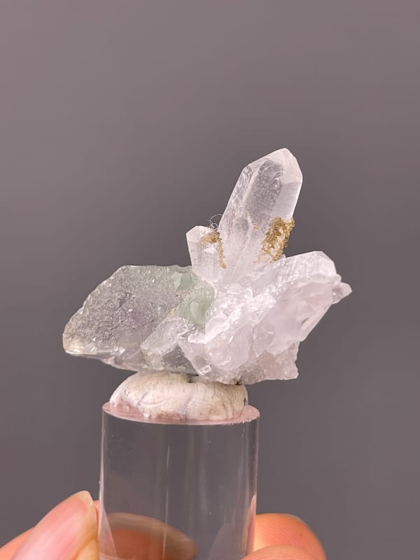 Quartz specimen from Longyan, Fujian, China featuring clear quartz over green-gray fluorite