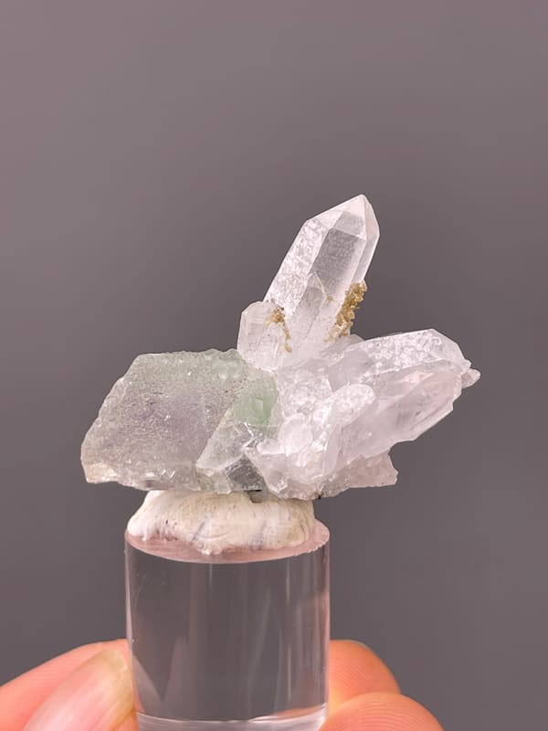 Quartz specimen from Longyan, Fujian, China showing clear quartz over green-gray fluorite