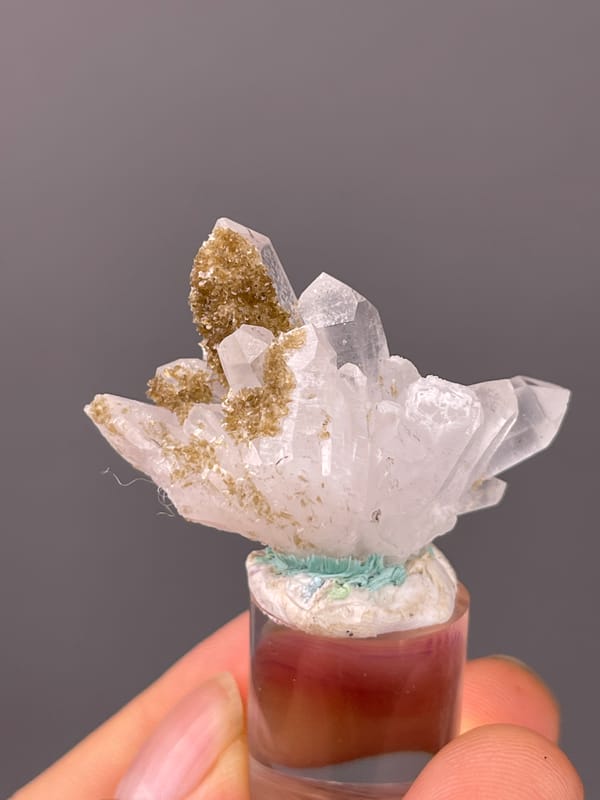 Quartz specimen from Longyan, Fujian, China showing clear quartz fan with brown coating