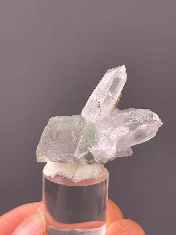 Quartz specimen from Longyan, Fujian, China, defined by clear quartz over green-gray fluorite